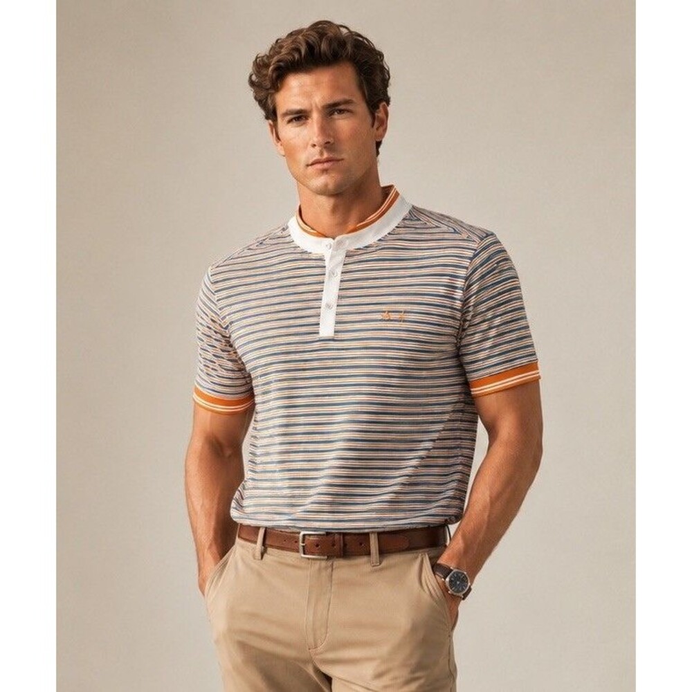 Louis Castel Men's Sz L/XL Polo Shirt Mini Orange Blue Stripe Golf Embroidered